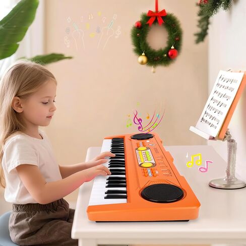 Kids Piano Keyboard Toy with Mic – 49 Keys Portable Electronic Piano for 3 4 5 6 7 Girls Boys Beginners Birthday Xmas Gifts, Orange in Kuwait