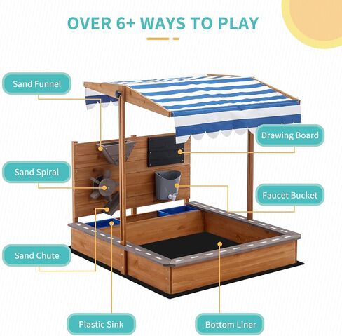 Kids Large Wooden SandBoxes with Roof, Pipleo Outdoor Sand Box Play w/Canopy for Backyard Garden Beach, Sand Pit for Beach Patio Outdoor, [Adjustable Cover & Funnel & Drawing Board] - Brown Oak in Kuwait