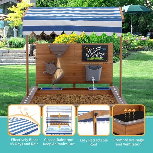 Kids Large Wooden SandBoxes with Roof, Pipleo Outdoor Sand Box Play w/Canopy for Backyard Garden Beach, Sand Pit for Beach Patio Outdoor, [Adjustable Cover & Funnel & Drawing Board] - Brown Oak in Kuwait