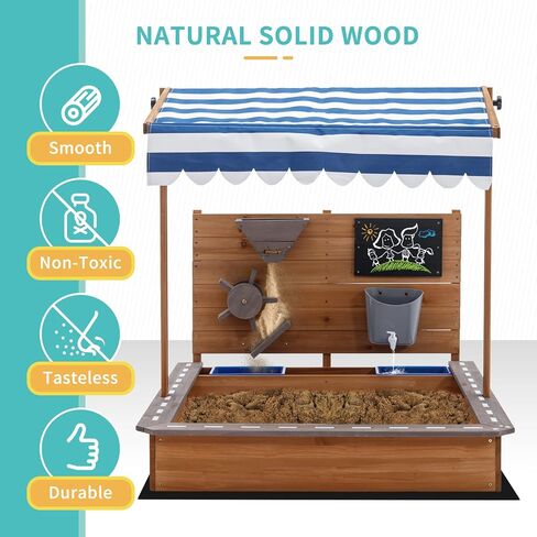 Kids Large Wooden SandBoxes with Roof, Pipleo Outdoor Sand Box Play w/Canopy for Backyard Garden Beach, Sand Pit for Beach Patio Outdoor, [Adjustable Cover & Funnel & Drawing Board] - Brown Oak in Kuwait