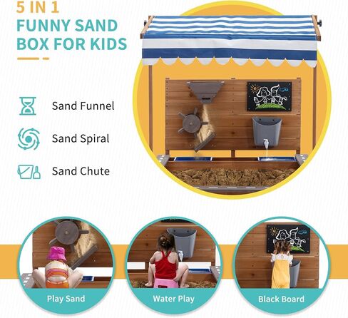 Kids Large Wooden SandBoxes with Roof, Pipleo Outdoor Sand Box Play w/Canopy for Backyard Garden Beach, Sand Pit for Beach Patio Outdoor, [Adjustable Cover & Funnel & Drawing Board] - Brown Oak in Kuwait
