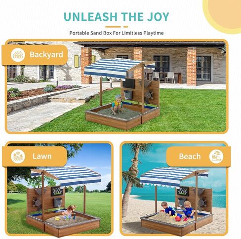 Kids Large Wooden SandBoxes with Roof, Pipleo Outdoor Sand Box Play w/Canopy for Backyard Garden Beach, Sand Pit for Beach Patio Outdoor, [Adjustable Cover & Funnel & Drawing Board] - Brown Oak in Kuwait