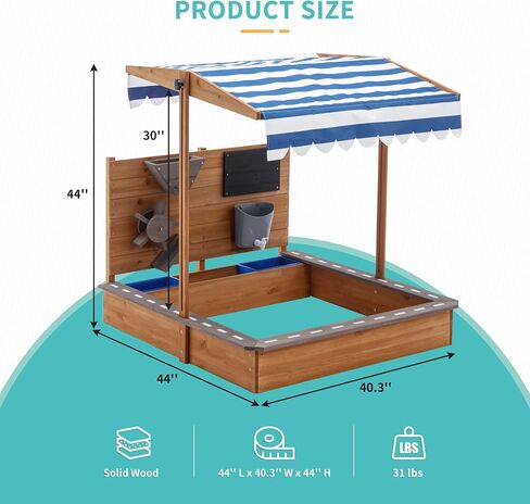 Kids Large Wooden SandBoxes with Roof, Pipleo Outdoor Sand Box Play w/Canopy for Backyard Garden Beach, Sand Pit for Beach Patio Outdoor, [Adjustable Cover & Funnel & Drawing Board] - Brown Oak in Kuwait