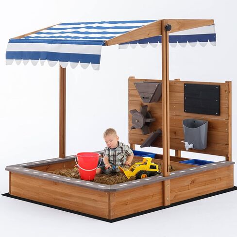 Kids Large Wooden SandBoxes with Roof, Pipleo Outdoor Sand Box Play w/Canopy for Backyard Garden Beach, Sand Pit for Beach Patio Outdoor, [Adjustable Cover & Funnel & Drawing Board] - Brown Oak in Kuwait