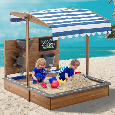 Kids Large Wooden SandBoxes with Roof, Pipleo Outdoor Sand Box Play w/Canopy for Backyard Garden Beach, Sand Pit for Beach Patio Outdoor, [Adjustable Cover & Funnel & Drawing Board] - Brown Oak in Kuwait