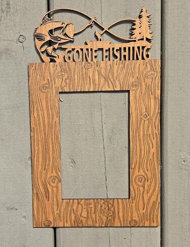 Gone Fishing Wooden Picture Frame, Rustic Wood Grain Design with Fish and Pine Tree Decor, 4"x6" or 5"x7", Table or Wall Mount Photo Display, 16 Stain Choices (5"x7") in Saudi Arabia