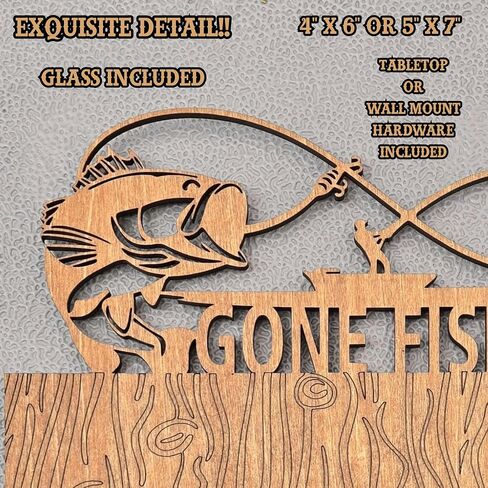 Gone Fishing Wooden Picture Frame, Rustic Wood Grain Design with Fish and Pine Tree Decor, 4"x6" or 5"x7", Table or Wall Mount Photo Display, 16 Stain Choices (5"x7") in Saudi Arabia
