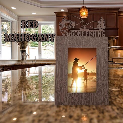 Gone Fishing Wooden Picture Frame, Rustic Wood Grain Design with Fish and Pine Tree Decor, 4"x6" or 5"x7", Table or Wall Mount Photo Display, 16 Stain Choices (5"x7") in Saudi Arabia