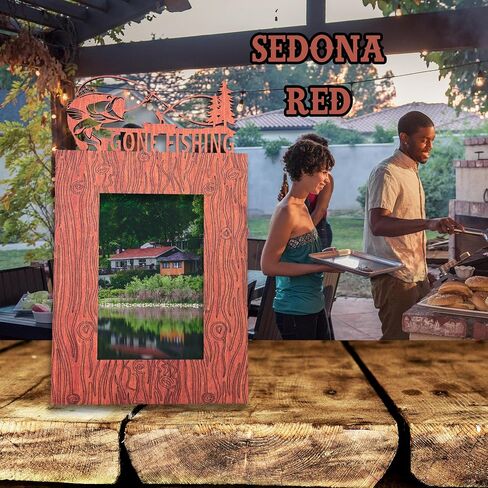 Gone Fishing Wooden Picture Frame, Rustic Wood Grain Design with Fish and Pine Tree Decor, 4"x6" or 5"x7", Table or Wall Mount Photo Display, 16 Stain Choices (5"x7") in Saudi Arabia