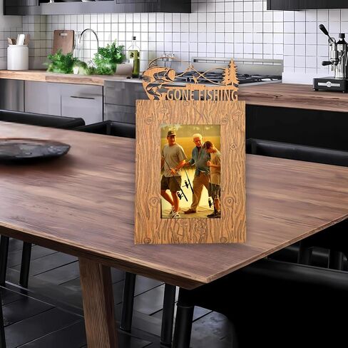 Gone Fishing Wooden Picture Frame, Rustic Wood Grain Design with Fish and Pine Tree Decor, 4"x6" or 5"x7", Table or Wall Mount Photo Display, 16 Stain Choices (5"x7") in Saudi Arabia
