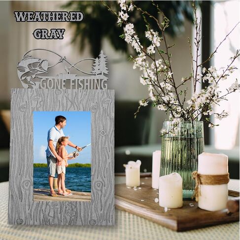 Gone Fishing Wooden Picture Frame, Rustic Wood Grain Design with Fish and Pine Tree Decor, 4"x6" or 5"x7", Table or Wall Mount Photo Display, 16 Stain Choices (5"x7") in Saudi Arabia