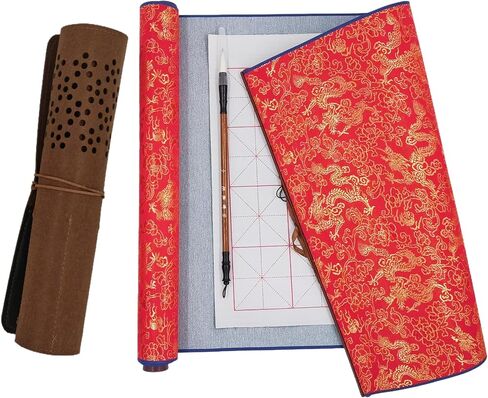 Ellkee 2 Pcs Reusable Chinese Calligraphy Water Writing Cloth, Inkless calligraphy Practice Paper with Felt Pencil Case & 1 Brush, Water-based Writing Cloth for Kids/School with Red Gift Bag(4 Items) in Saudi Arabia