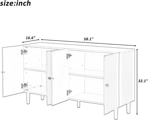 U_Style Elegant Four-Door Sideboard with Wavy Pattern Doors, Cylindrical Legs, and Sleek Metal Handles, Adjustable, Suitable for Study, Entryway and Living Room (White) in Saudi Arabia