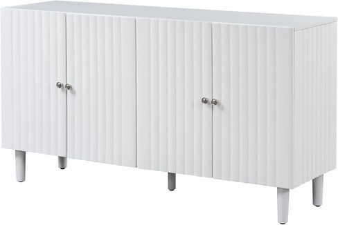 U_Style Elegant Four-Door Sideboard with Wavy Pattern Doors, Cylindrical Legs, and Sleek Metal Handles, Adjustable, Suitable for Study, Entryway and Living Room (White) in Saudi Arabia