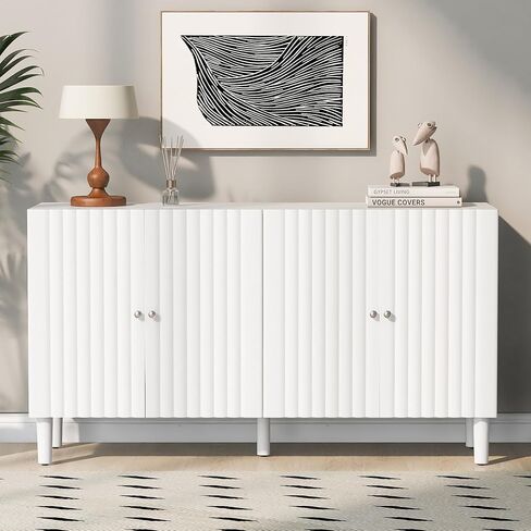U_Style Elegant Four-Door Sideboard with Wavy Pattern Doors, Cylindrical Legs, and Sleek Metal Handles, Adjustable, Suitable for Study, Entryway and Living Room (White) in Saudi Arabia