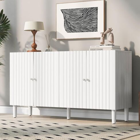 U_Style Elegant Four-Door Sideboard with Wavy Pattern Doors, Cylindrical Legs, and Sleek Metal Handles, Adjustable, Suitable for Study, Entryway and Living Room (White) in Saudi Arabia