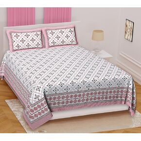 Marusthali Cotton New Bed Sheets King Size Block Printed Handmade Sanganeri Bedsheet Bedcover Bedspread Bed Cover with 2 Pillow Cases 100% Cotton Bedsheets 108 x 108 inches (Pink) in Kuwait