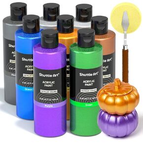 Shuttle Art 8 Colors Metallic Acrylic Paint, 250ml/8.45oz Bottles Acrylic Paint Set, Rich Metallic Shade, Bulk Painting Supplies for Artists, Beginners and Kids Painting on Rocks Crafts Canvas Wood in Kuwait