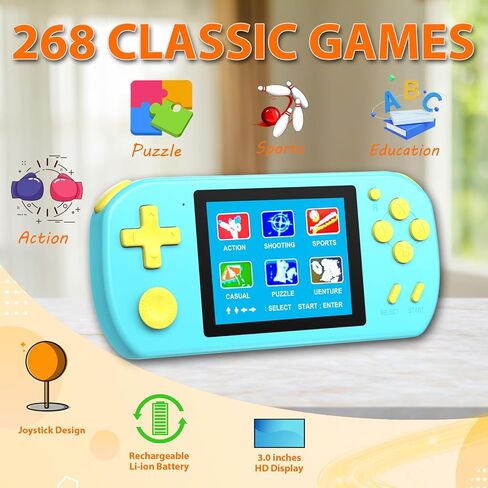 Handheld Games for Kids Adults with Built in 268 Classic Retro Video Games,3.0'' Color Screen Rechargeable Portable Arcade Gaming Player,Boys Girls Travel Electronics Toys Birthday Gift (A-Blue) in Kuwait