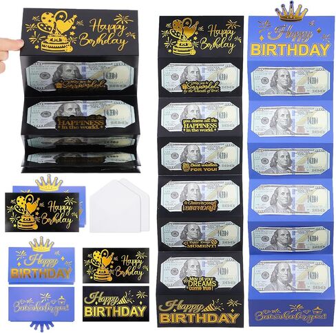 2 Pack Birthday Money Envelope for Cash Gifts Surprise Cash Birthdays Cards for Men Women DIY Birthdays Money Holder Black Gold Envelope Wallet Box for Happy Birthday Gift Card in Saudi Arabia