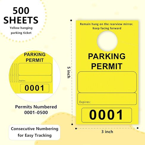 500 Pcs Yellow Parking Permit Hang Tag 2 Part 3x5 Inch Mirror Hang Tags Car Hang Tags Parking Permit Car Parking Tags Numbered Temporary Parking Passes with Tear-Off Stub Numbered 0001-0500 (Yellow) in Kuwait