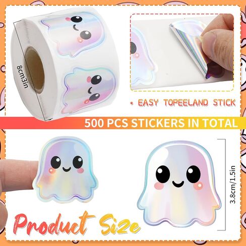 500pcs Halloween Ghost Stickers Roll-ملصقات أشباح لطيفة ثلاثية الأبعاد ، ملصقات عيد الهالوين ذاتية الالتصاق بالماء للحفلة ، المغلف ، سجل القصاصات والديكور المجلة (أ) in Kuwait