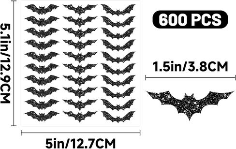 ملصقات الخفافيش في عيد الهالوين - 600pcs ملصقات BAT BAT الأسود ملصقات ثلاثية الأبعاد مقاومة للماء 1.5 بوصة ملصقات عيد الهالوين لطيف لأكياس Goodie غلاف مختائم زخارف الحفلات (الأسود) in Kuwait