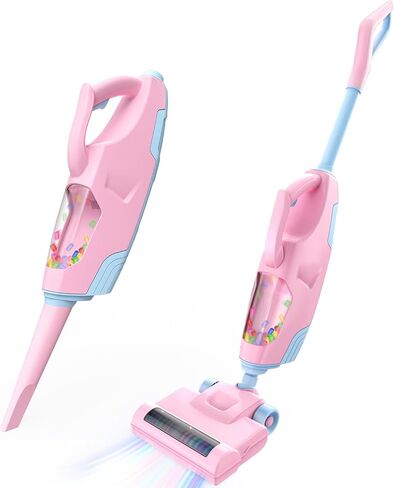 Smilesskiddo Kids Vacuum الذي يعمل حقًا - فراغ لعبة طفل مع فوهتين ، وأفعال صوتية وورقة ، ولعب التدبير المنزلي للأطفال الأولاد والبنات (الوردي) in Kuwait