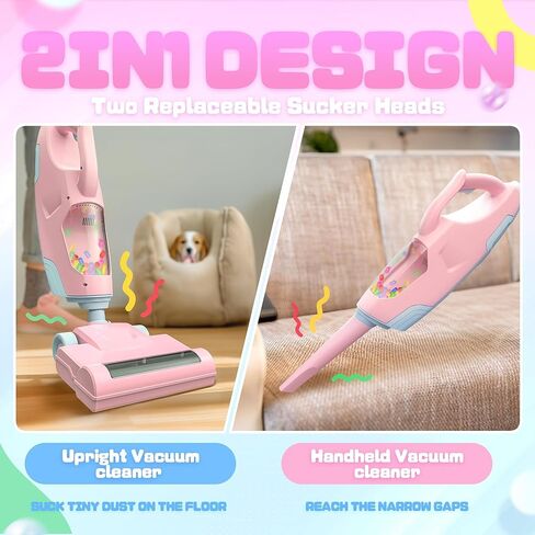 Smilesskiddo Kids Vacuum الذي يعمل حقًا - فراغ لعبة طفل مع فوهتين ، وأفعال صوتية وورقة ، ولعب التدبير المنزلي للأطفال الأولاد والبنات (الوردي) in Kuwait