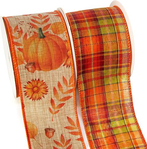 Ribbli Fall Ribbon Wired 2 Rolls 2.5 Inch Total 60 Feet(20 Yards), Fall Pumpkin Thanksgiving Ribbon for Wreaths, Big Bows, Autumn Gift Wrapping, Orange/Green in Saudi Arabia