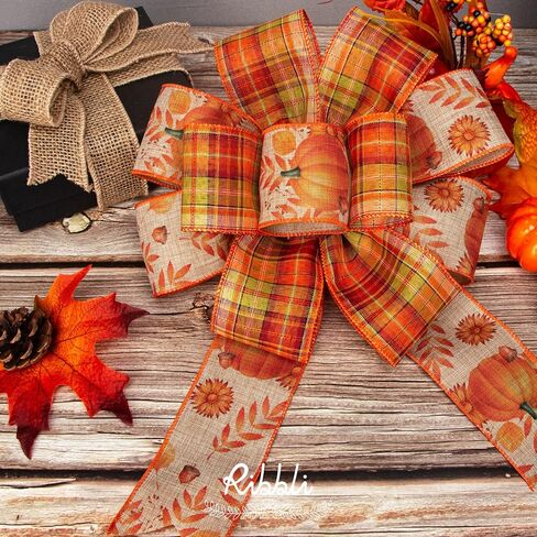 Ribbli Fall Ribbon Wired 2 Rolls 2.5 Inch Total 60 Feet(20 Yards), Fall Pumpkin Thanksgiving Ribbon for Wreaths, Big Bows, Autumn Gift Wrapping, Orange/Green in Saudi Arabia