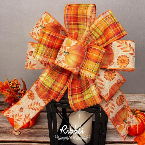 Ribbli Fall Ribbon Wired 2 Rolls 2.5 Inch Total 60 Feet(20 Yards), Fall Pumpkin Thanksgiving Ribbon for Wreaths, Big Bows, Autumn Gift Wrapping, Orange/Green in Saudi Arabia