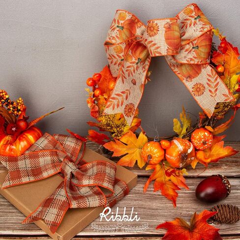 Ribbli Fall Ribbon Wired 2 Rolls 2.5 Inch Total 60 Feet(20 Yards), Fall Pumpkin Thanksgiving Ribbon for Wreaths, Big Bows, Autumn Gift Wrapping, Orange/Green in Saudi Arabia