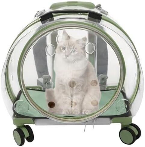 Portable Cat Carrier with Wheels, Breathable Travel Tote for Dogs & Cats up to 19.8lbs, Telescopic Handle & Shoulder Strap, Multi-Function Design (Green Clear) in Kuwait