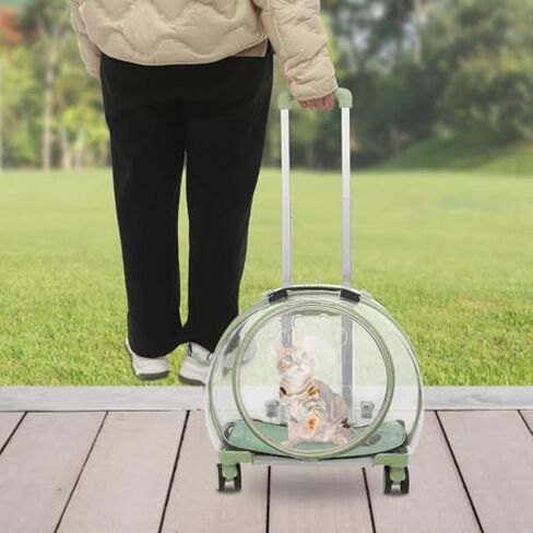 Portable Cat Carrier with Wheels, Breathable Travel Tote for Dogs & Cats up to 19.8lbs, Telescopic Handle & Shoulder Strap, Multi-Function Design (Green Clear) in Kuwait