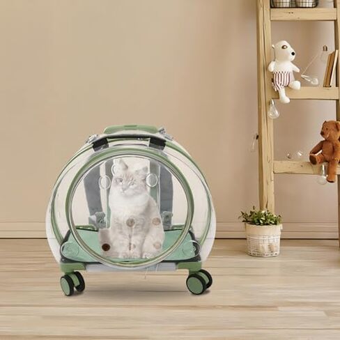 Portable Cat Carrier with Wheels, Breathable Travel Tote for Dogs & Cats up to 19.8lbs, Telescopic Handle & Shoulder Strap, Multi-Function Design (Green Clear) in Kuwait
