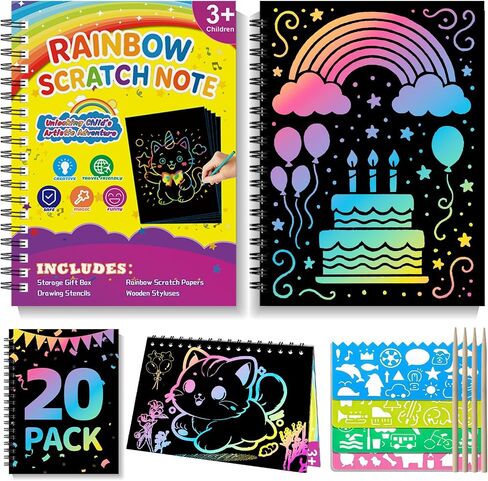 HXDOGSP Scratch Art for Kids: 20 Pack Rainbow Scratch Paper Party Favors - Art Crafts Notebook Suitable for Birthday Gifts/School Crafts Kit/Classroom Prizes for Girls and Boys Aged 4-12 in Saudi Arabia