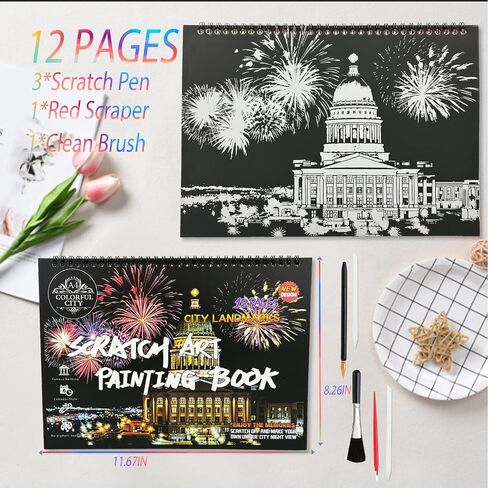 12 Pages Scratch Art Books for Adults 8.3x11.7inch Rainbow Scratch Paper（A4） Scratch Colorful City for Christmas Stocking Stuffer Gifts（Scratch City B） in Kuwait