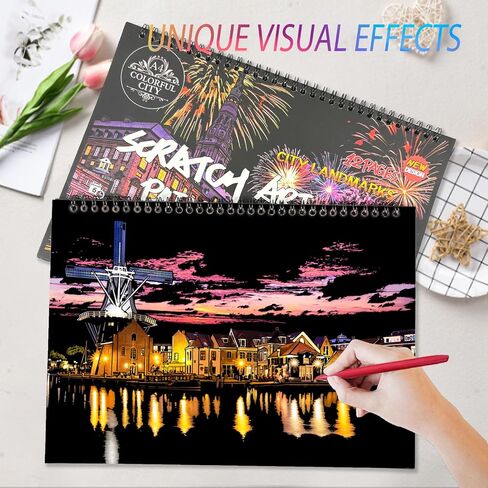12 Pages Scratch Art Books for Adults 8.3x11.7inch Rainbow Scratch Paper（A4） Scratch Colorful City for Christmas Stocking Stuffer Gifts（Scratch City B） in Kuwait
