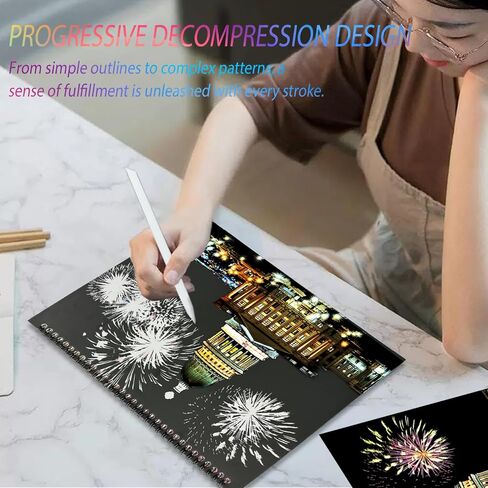 12 Pages Scratch Art Books for Adults 8.3x11.7inch Rainbow Scratch Paper（A4） Scratch Colorful City for Christmas Stocking Stuffer Gifts（Scratch City B） in Kuwait