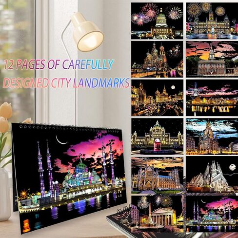 12 Pages Scratch Art Books for Adults 8.3x11.7inch Rainbow Scratch Paper（A4） Scratch Colorful City for Christmas Stocking Stuffer Gifts（Scratch City B） in Kuwait