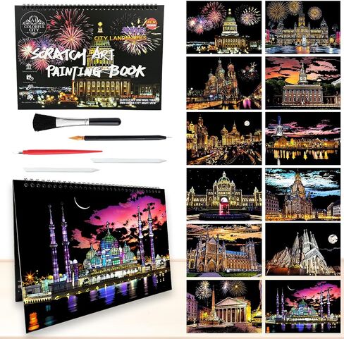 12 Pages Scratch Art Books for Adults 8.3x11.7inch Rainbow Scratch Paper（A4） Scratch Colorful City for Christmas Stocking Stuffer Gifts（Scratch City B） in Kuwait