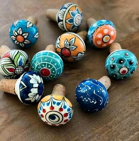 Handmade Blue Pottery Ceramic Wine Bottle Stopper, Hand-Painted Floral Design, Multicolor with Cork Base (SKU165) in Saudi Arabia