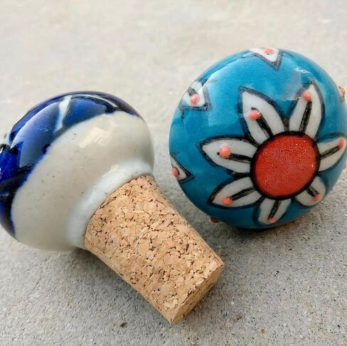 Handmade Blue Pottery Ceramic Wine Bottle Stopper, Hand-Painted Floral Design, Multicolor with Cork Base (SKU165) in Saudi Arabia