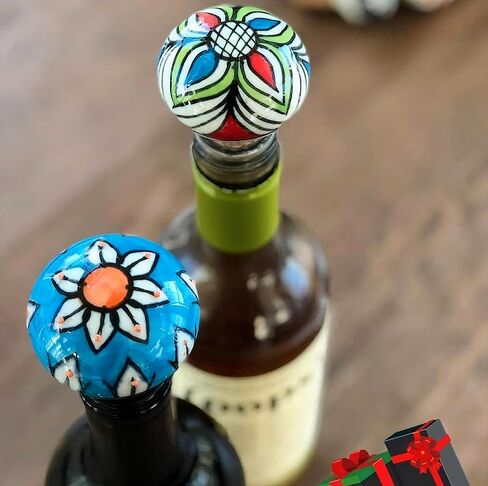 Handmade Blue Pottery Ceramic Wine Bottle Stopper, Hand-Painted Floral Design, Multicolor with Cork Base (SKU165) in Saudi Arabia