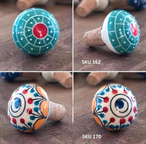 Handmade Blue Pottery Ceramic Wine Bottle Stopper, Hand-Painted Floral Design, Multicolor with Cork Base (SKU165) in Saudi Arabia