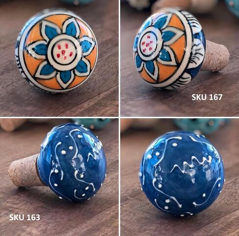 Handmade Blue Pottery Ceramic Wine Bottle Stopper, Hand-Painted Floral Design, Multicolor with Cork Base (SKU165) in Saudi Arabia