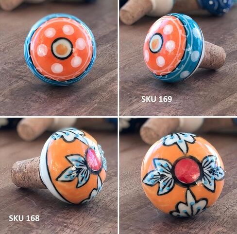 Handmade Blue Pottery Ceramic Wine Bottle Stopper, Hand-Painted Floral Design, Multicolor with Cork Base (SKU165) in Saudi Arabia