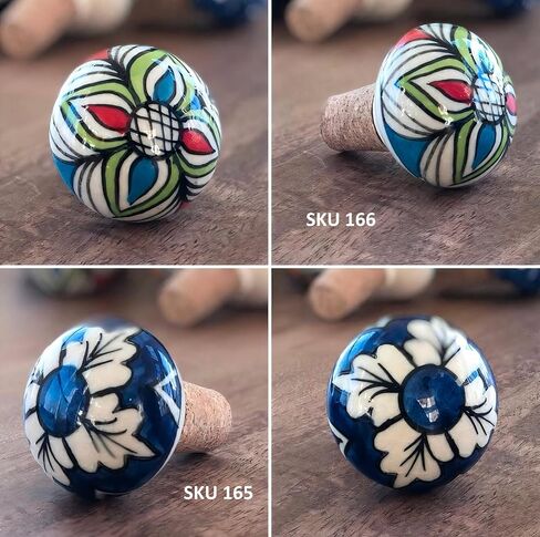 Handmade Blue Pottery Ceramic Wine Bottle Stopper, Hand-Painted Floral Design, Multicolor with Cork Base (SKU165) in Saudi Arabia