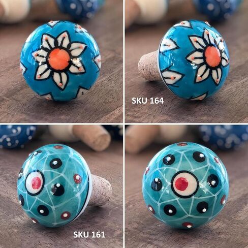 Handmade Blue Pottery Ceramic Wine Bottle Stopper, Hand-Painted Floral Design, Multicolor with Cork Base (SKU165) in Saudi Arabia